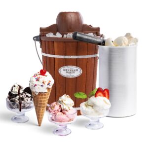 nostalgia electric ice cream maker - old fashioned soft serve ice cream machine makes frozen yogurt or gelato in minutes - fun kitchen appliance - vintage wooden style - dark wood - 6 quart