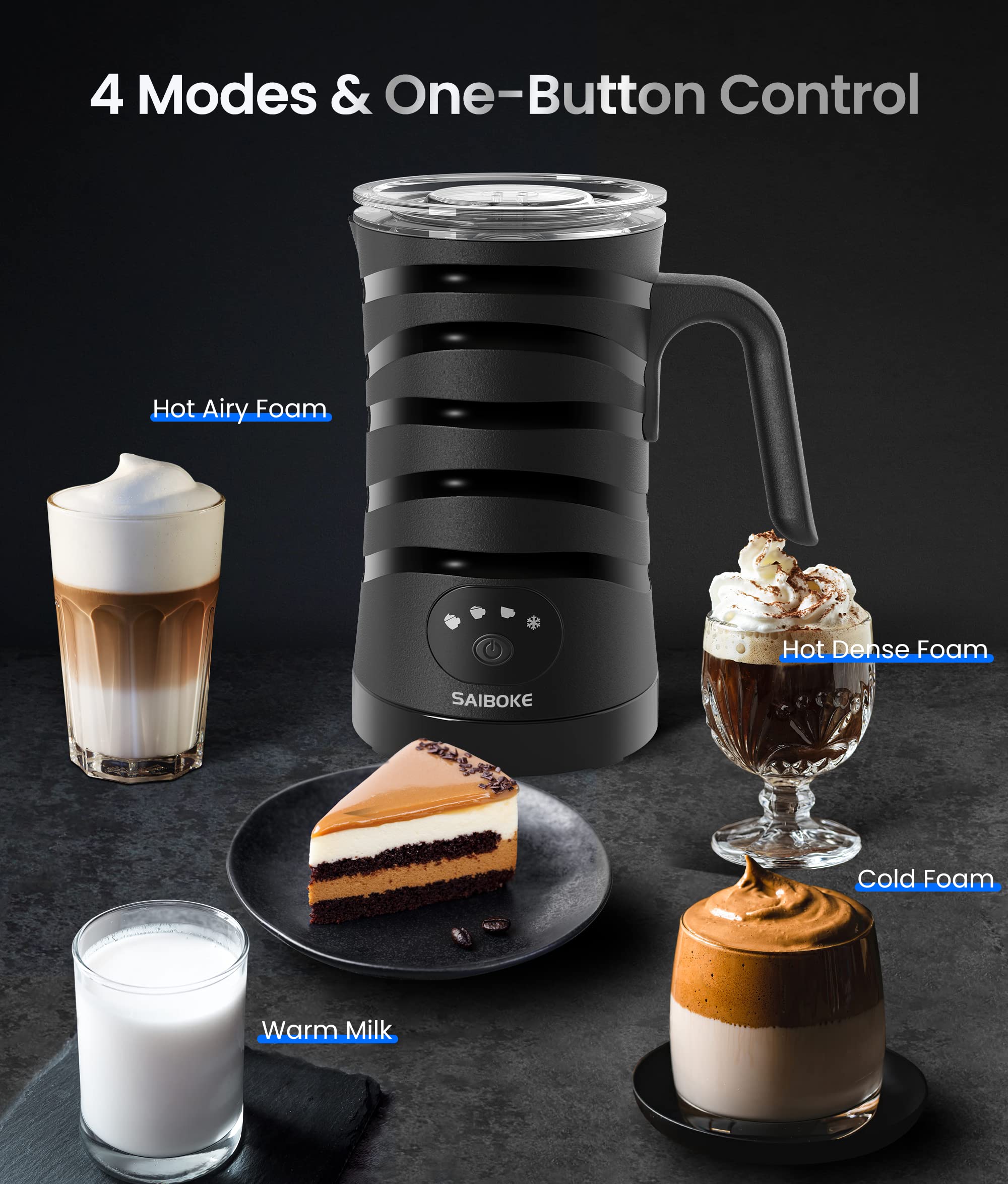 Milk Frother, SAIBOKE 4-in-1 Electric Milk Steamer，Automatic Hot & Cold Foam Maker, 8.8oz/260ml Milk Warmer for Latte, Cappuccinos, Macchiato. Ultra-Quiet Working & Automatic Shut Off.