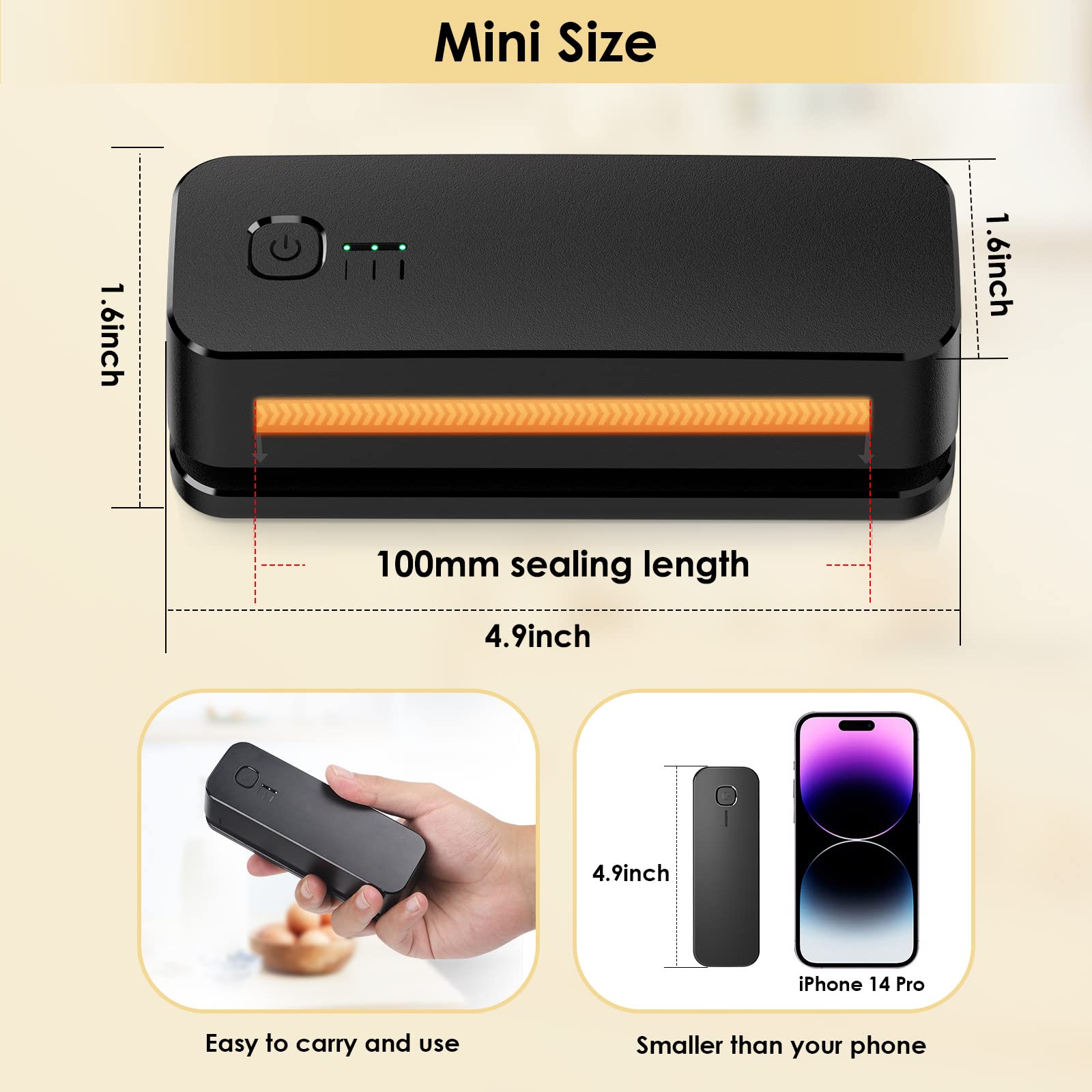 FEPPO Mini Bag Sealer, Bag Sealer Heat Seal Rechargeable Quick Seal Bags Machine, 3 Adjustable Gears Chip Bag Sealer with 3000mAh Battery 3.9" Heating Strip For Snack Bags Mylar Bags Food Storage