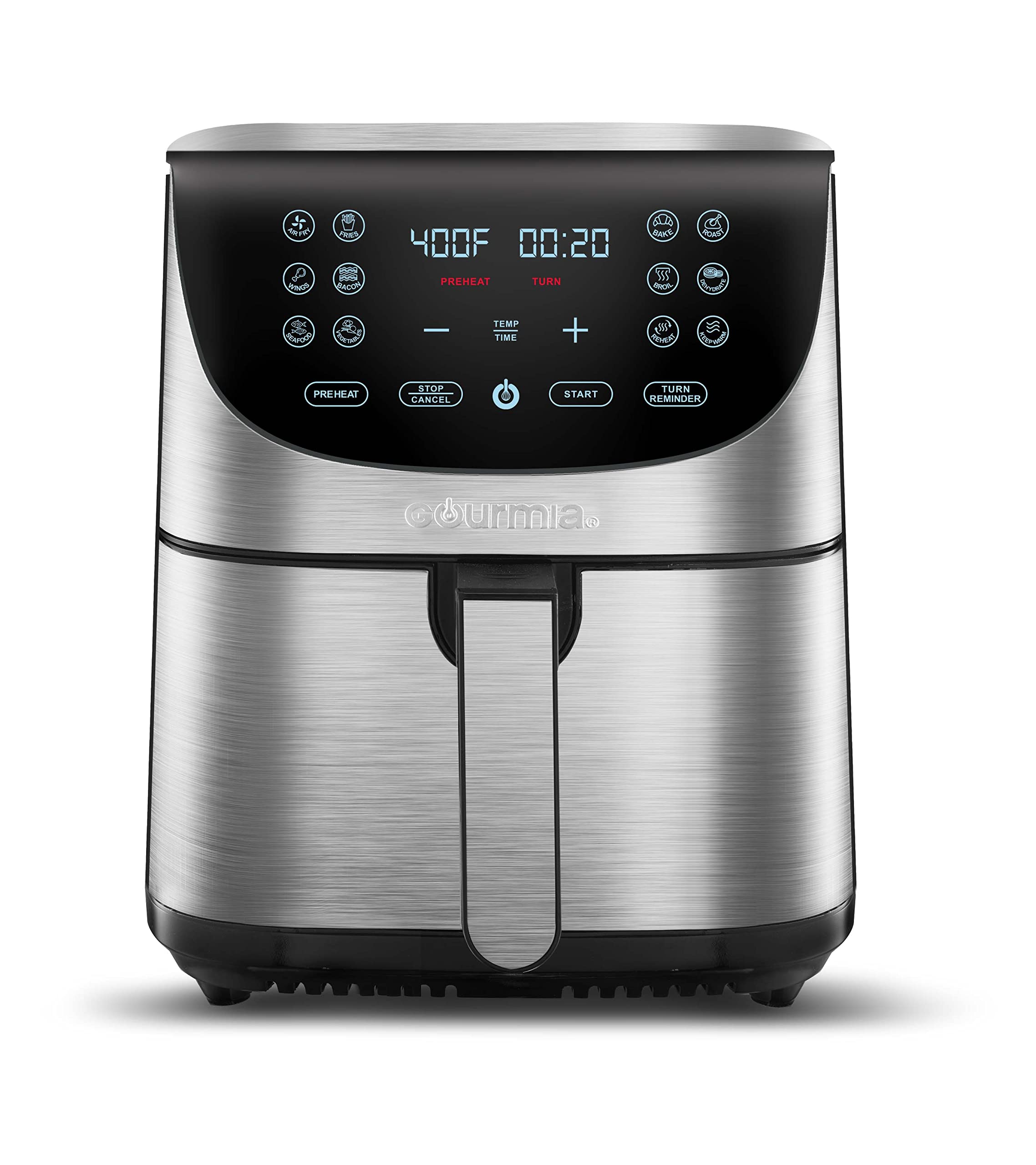 Gourmia Air Fryer Oven Digital Display 7 Quart Large AirFryer Cooker 12 Touch Cooking Presets, XL Air Fryer Basket 1700w Power Multifunction GAF778 Black and stainless steel air fryer FryForce 360°