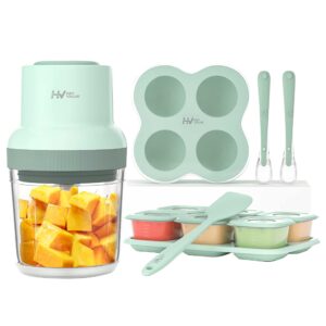 heyvalue baby food maker, 13-in-1 baby food puree blender for baby food, fruit, vegatable, meat, with food containers, baby food processor freezer tray, silicone spoons, silicone spatula(light green)