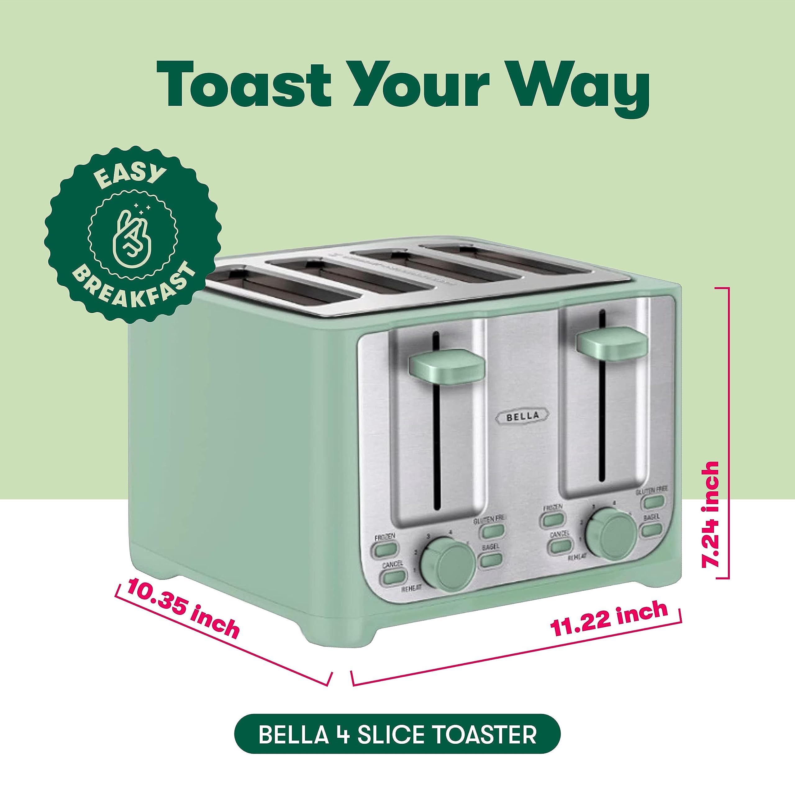 BELLA 4 Slice Toaster with Auto Shut Off - Extra Wide Slots & Removable Crumb Tray and Cancel, Defrost & Reheat Function - Toast Bread & Bagel, Sage