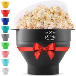 zulay kitchen large microwave popcorn maker - bpa-free silicone popcorn popper - microwave collapsible bowl with lid - family size microwave popcorn bowl - 15 popcorn cup capacity (black)