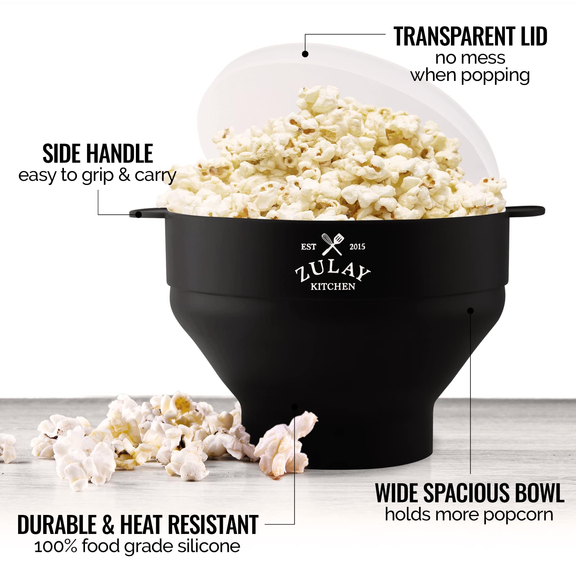 Zulay Kitchen Large Microwave Popcorn Maker - BPA-Free Silicone Popcorn Popper - Microwave Collapsible Bowl With Lid - Family Size Microwave Popcorn Bowl - 15 Popcorn Cup Capacity (Black)