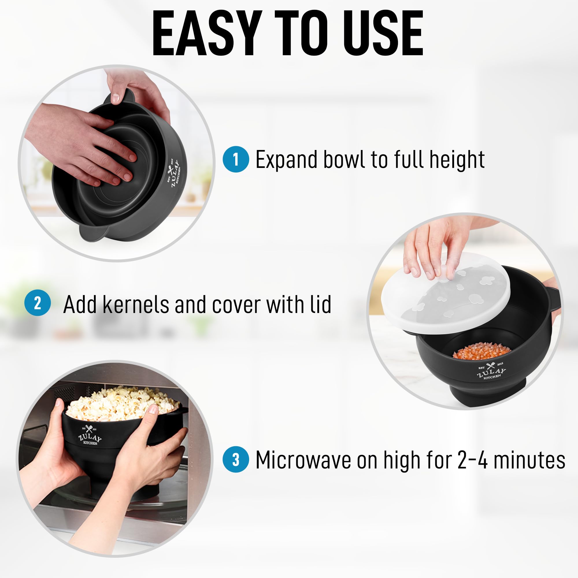 Zulay Kitchen Large Microwave Popcorn Maker - BPA-Free Silicone Popcorn Popper - Microwave Collapsible Bowl With Lid - Family Size Microwave Popcorn Bowl - 15 Popcorn Cup Capacity (Black)