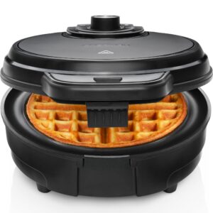 chefman anti-overflow belgian waffle maker w/shade selector, temperature control, mess free moat, round nonstick iron plate, cool touch handle, measuring cup included, black stainless steel