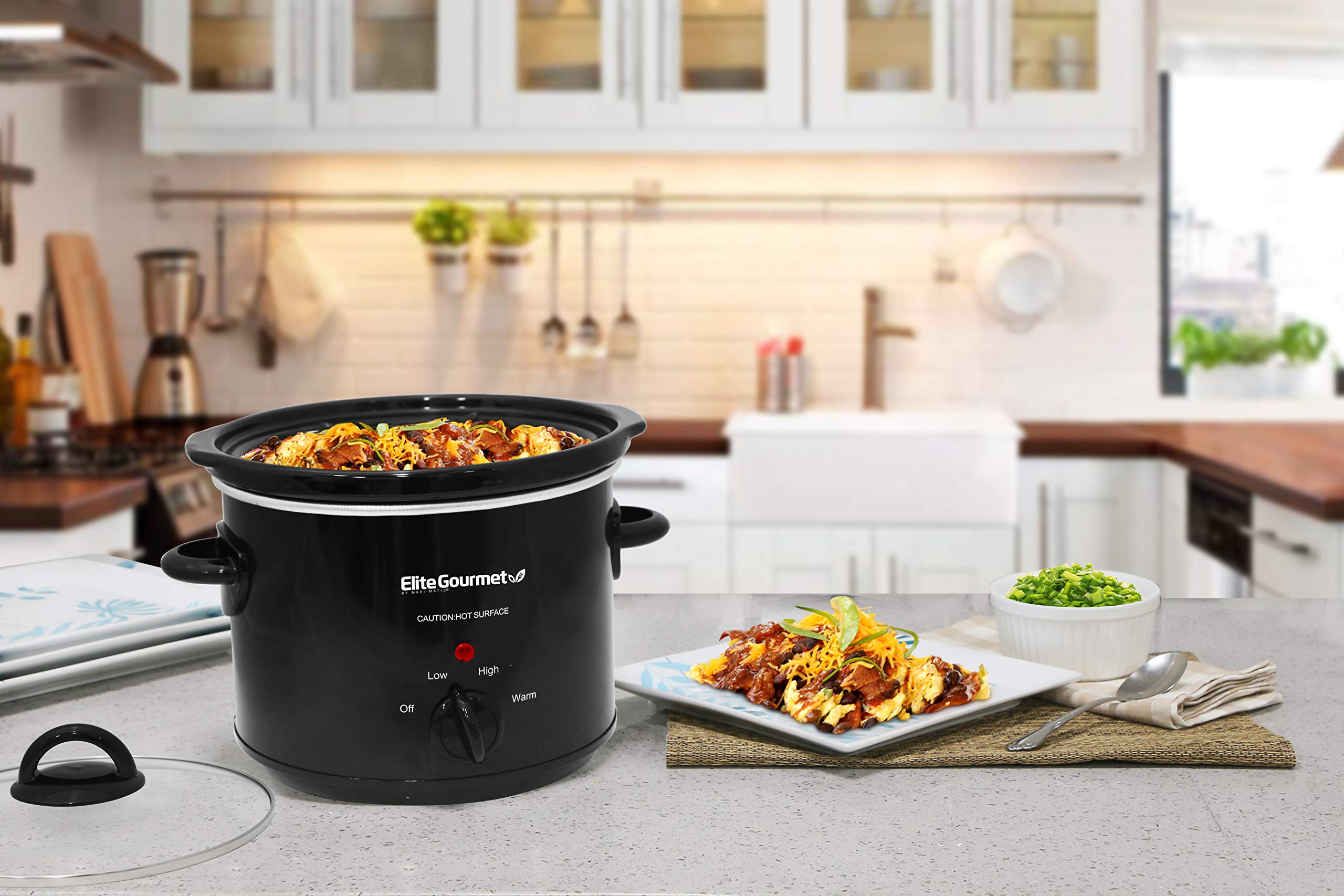 Elite Gourmet MST-350B Electric Slow Cooker, Adjustable Temp, Entrees, Sauces, Stews & Dips, Dishwasher Safe Glass Lid & Crock (3 Quart, Black)