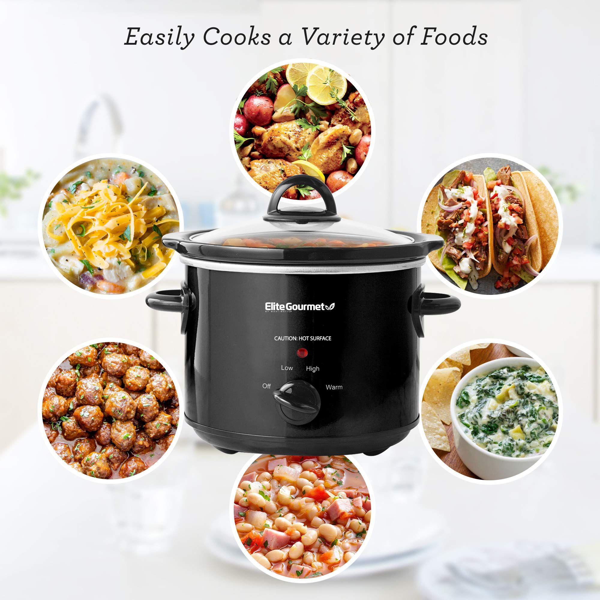 Elite Gourmet MST-350B Electric Slow Cooker, Adjustable Temp, Entrees, Sauces, Stews & Dips, Dishwasher Safe Glass Lid & Crock (3 Quart, Black)