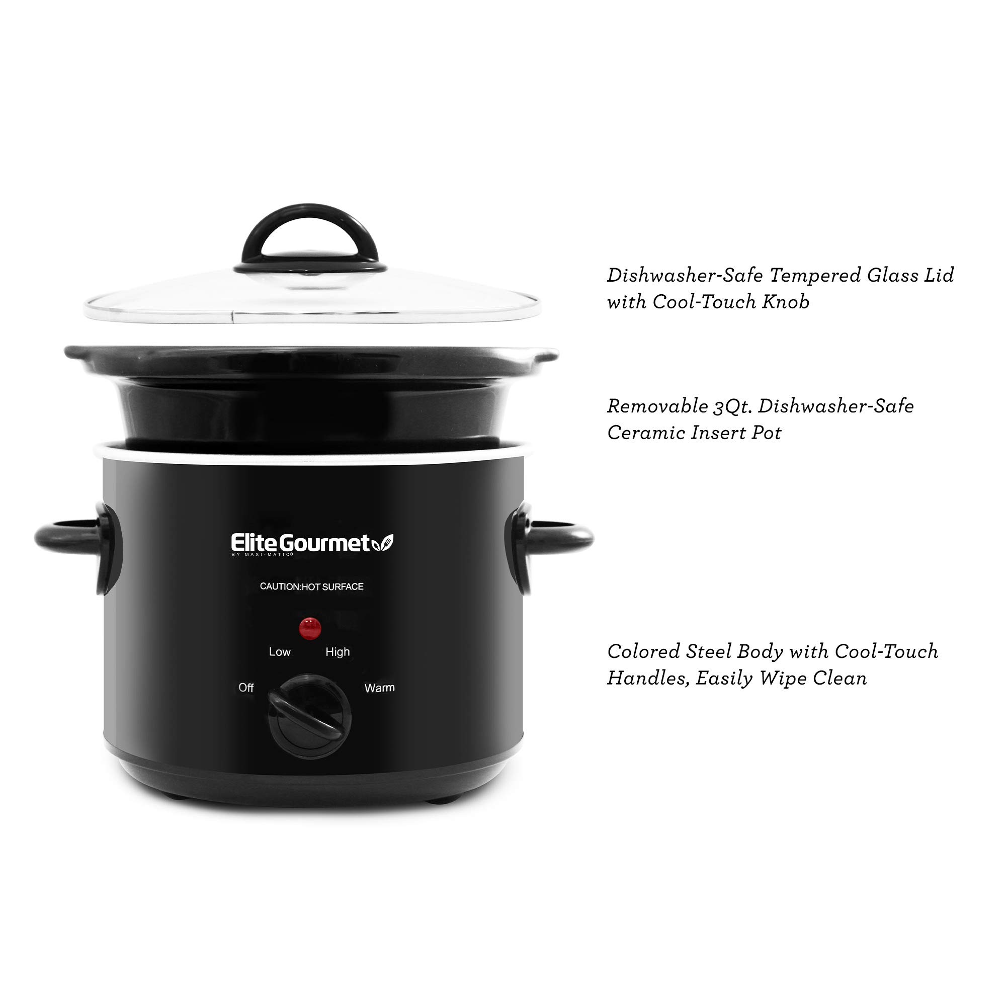 Elite Gourmet MST-350B Electric Slow Cooker, Adjustable Temp, Entrees, Sauces, Stews & Dips, Dishwasher Safe Glass Lid & Crock (3 Quart, Black)