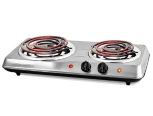 ovente electric countertop double burner, 1700w cooktop with 6" and 5.75" stainless steel coil hot plates, 5 level temperature control, indicator lights and easy to clean cooking stove, silver bgc102s