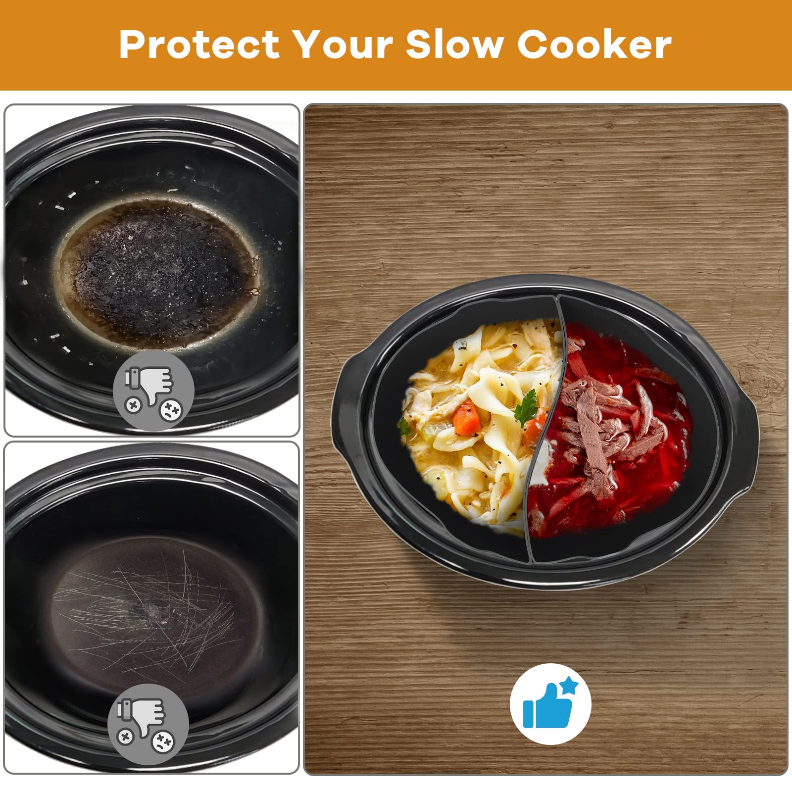Horuhue Silicone Slow Cooker Liners Fit for Crockpot & Hamilton Beach 6-7QT, Silicone Slow Cooker Divider Liner, Reusable/BPA Free/Slow Cooker Accessories Cooking Liner for Most 6 Quart Slow Cooker