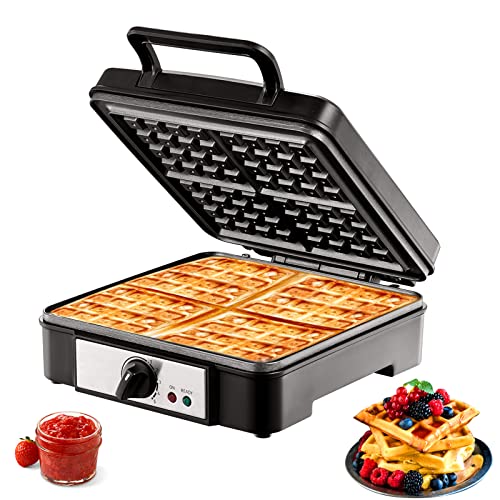 VEVOR Waffle Maker 1200W Square Waffle Iron, Non-Stick Waffle Baker Machine with Five-setting Browning Controls, 4 Slice Belgian Waffle Maker Teflon-Coated Baking Pans Stainless Steel Body, 120V