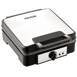 VEVOR Waffle Maker 1200W Square Waffle Iron, Non-Stick Waffle Baker Machine with Five-setting Browning Controls, 4 Slice Belgian Waffle Maker Teflon-Coated Baking Pans Stainless Steel Body, 120V