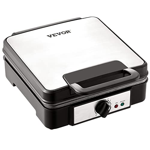 VEVOR Waffle Maker 1200W Square Waffle Iron, Non-Stick Waffle Baker Machine with Five-setting Browning Controls, 4 Slice Belgian Waffle Maker Teflon-Coated Baking Pans Stainless Steel Body, 120V