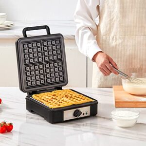 VEVOR Waffle Maker 1200W Square Waffle Iron, Non-Stick Waffle Baker Machine with Five-setting Browning Controls, 4 Slice Belgian Waffle Maker Teflon-Coated Baking Pans Stainless Steel Body, 120V