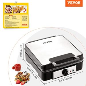 VEVOR Waffle Maker 1200W Square Waffle Iron, Non-Stick Waffle Baker Machine with Five-setting Browning Controls, 4 Slice Belgian Waffle Maker Teflon-Coated Baking Pans Stainless Steel Body, 120V