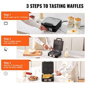 VEVOR Waffle Maker 1200W Square Waffle Iron, Non-Stick Waffle Baker Machine with Five-setting Browning Controls, 4 Slice Belgian Waffle Maker Teflon-Coated Baking Pans Stainless Steel Body, 120V