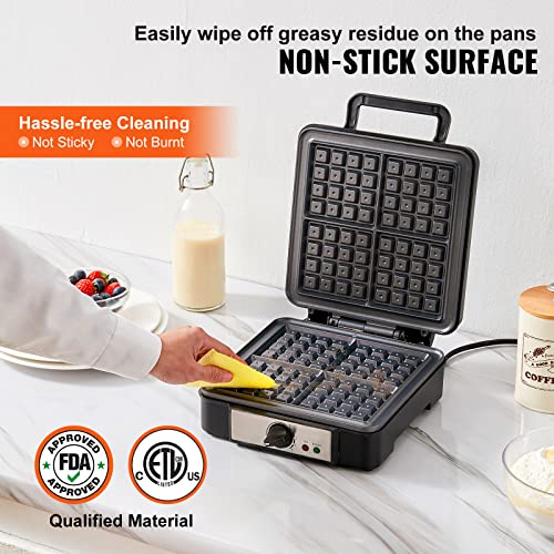 VEVOR Waffle Maker 1200W Square Waffle Iron, Non-Stick Waffle Baker Machine with Five-setting Browning Controls, 4 Slice Belgian Waffle Maker Teflon-Coated Baking Pans Stainless Steel Body, 120V