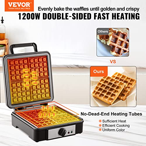 VEVOR Waffle Maker 1200W Square Waffle Iron, Non-Stick Waffle Baker Machine with Five-setting Browning Controls, 4 Slice Belgian Waffle Maker Teflon-Coated Baking Pans Stainless Steel Body, 120V