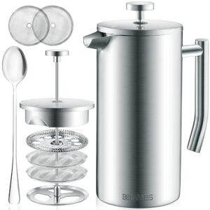 belwares french press coffee maker 50 oz – insulated coffee press stainless steel 304 large – coffee spoon, double wall, & 4 level filtration system (1.5 liter) – silver