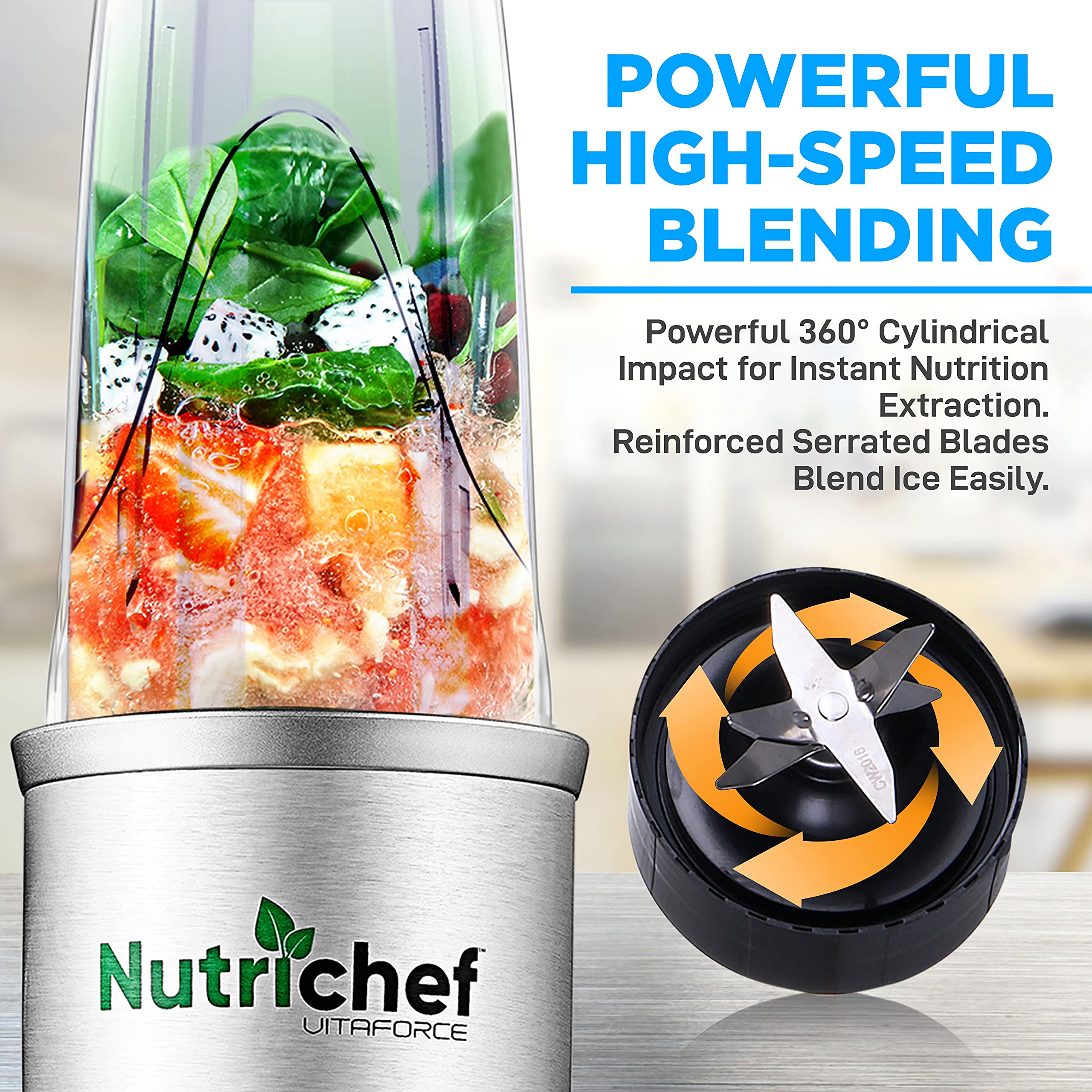 NutriChef Personal Electric Single Serve Blender - 1200W Professional Kitchen Countertop Mini Blender Shakes and Smoothies w/ Pulse Blend, Convenient , Portable 10 & 24 Oz Cups - NutriChef NCBL12