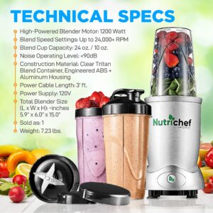 NutriChef Personal Electric Single Serve Blender - 1200W Professional Kitchen Countertop Mini Blender Shakes and Smoothies w/ Pulse Blend, Convenient , Portable 10 & 24 Oz Cups - NutriChef NCBL12