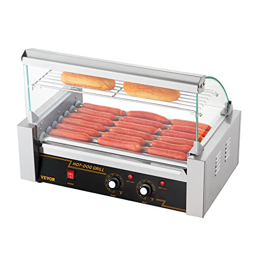 VEVOR Hot Dog Roller 7 Rollers 18 Hot Dogs Capacity 1050W Stainless Sausage Grill Cooker Machine with Dual Temp Control Glass Hood Acrylic Cover Bun Warmer Shelf Removable Oil Drip Tray, ETL Certified