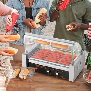 VEVOR Hot Dog Roller 7 Rollers 18 Hot Dogs Capacity 1050W Stainless Sausage Grill Cooker Machine with Dual Temp Control Glass Hood Acrylic Cover Bun Warmer Shelf Removable Oil Drip Tray, ETL Certified