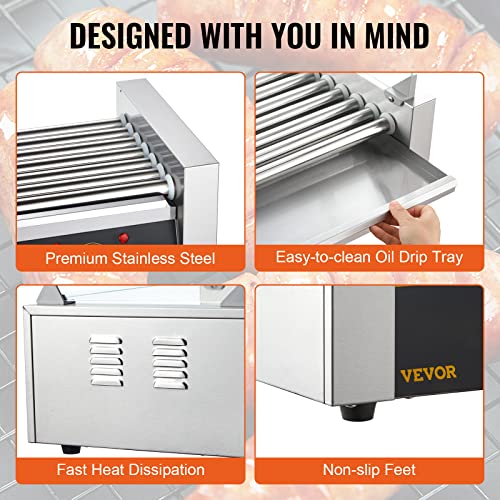 VEVOR Hot Dog Roller 7 Rollers 18 Hot Dogs Capacity 1050W Stainless Sausage Grill Cooker Machine with Dual Temp Control Glass Hood Acrylic Cover Bun Warmer Shelf Removable Oil Drip Tray, ETL Certified