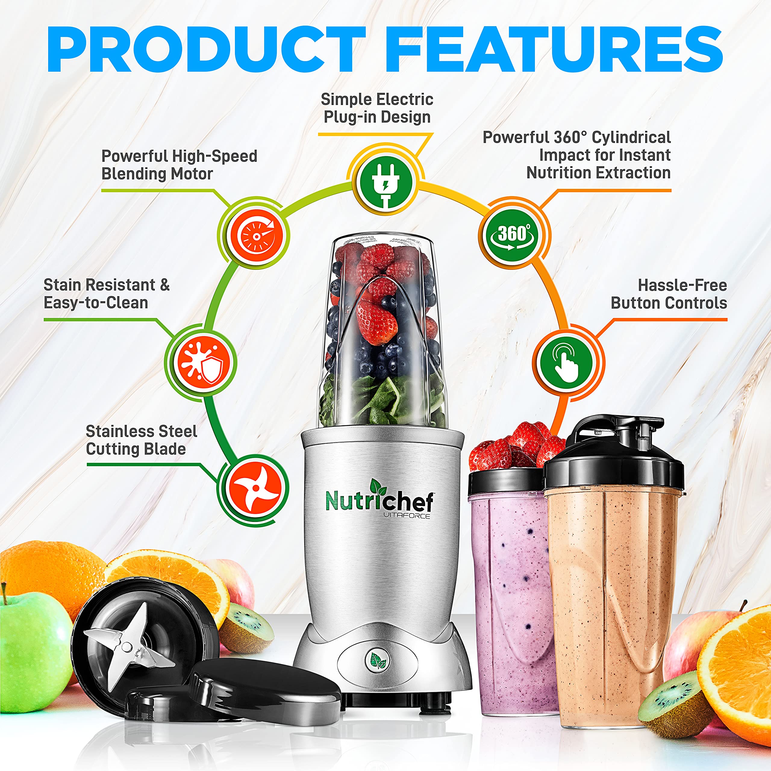 NutriChef Personal Electric Single Serve Blender - 1200W Professional Kitchen Countertop Mini Blender Shakes and Smoothies w/ Pulse Blend, Convenient , Portable 10 & 24 Oz Cups - NutriChef NCBL12