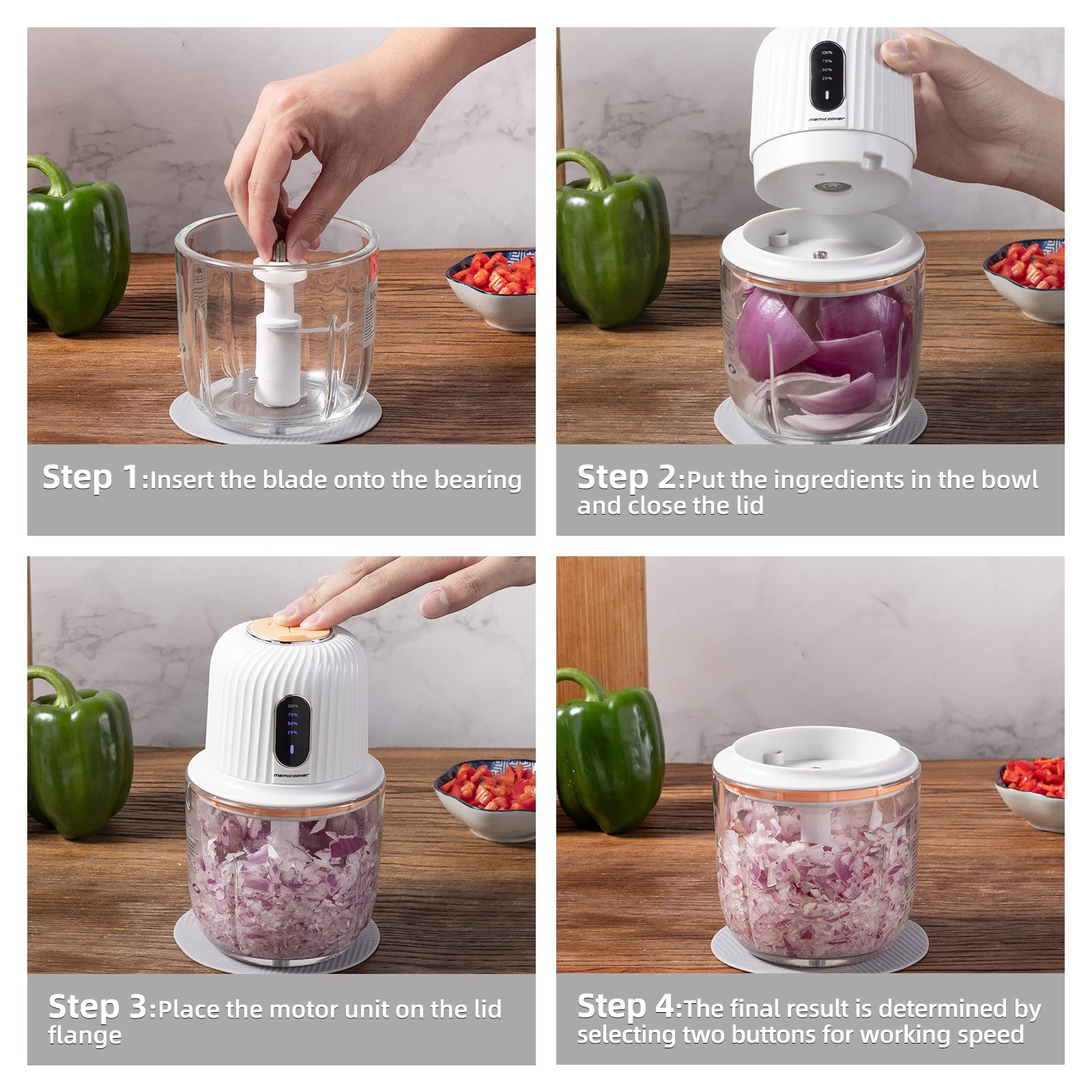 Cordless Food Processor Electric, 600ML Small Electric Food Chopper Glass Bowl for Meat Vegetables Onions Garlic, Meat Chopper Blender