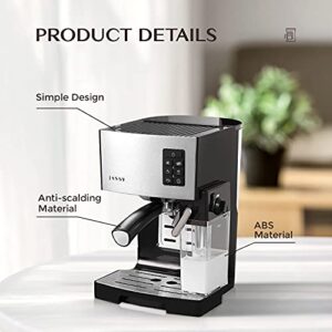 JASSY Espresso Coffee Machine Cappuccino Maker with 20 BAR Pump & Powerful Milk Tank for Home Barista Brewing,Multiple Functions in One Touch for Espresso/Moka/Cappuccino,Self-Cleaning System,1250W