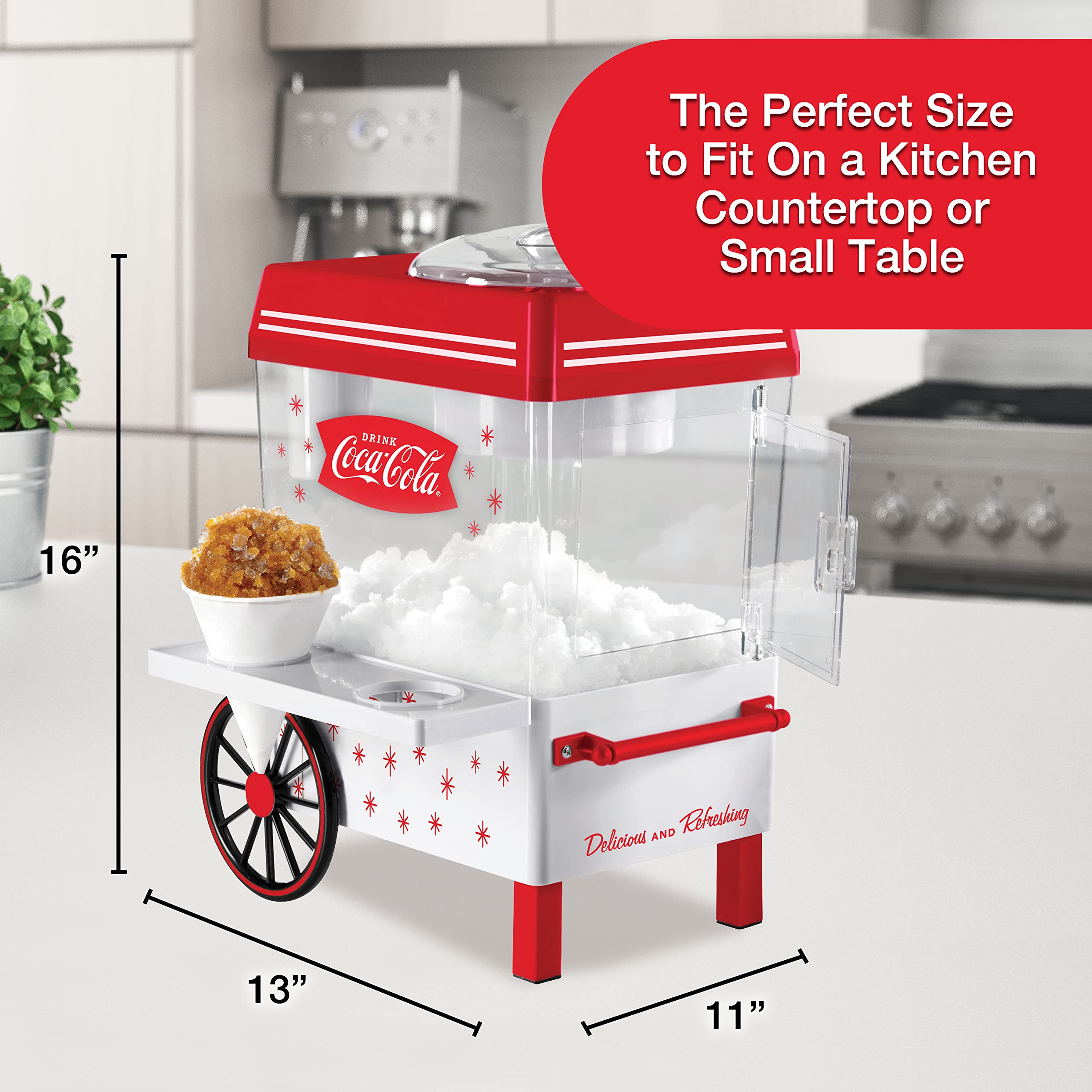 Nostalgia Coca-Cola Snow Cone Shaved Ice Machine - Coke Retro Table-Top Slushie Machine Makes 20 Icy Treats - Includes 2 Reusable Plastic Cups & Ice Scoop - White & Red