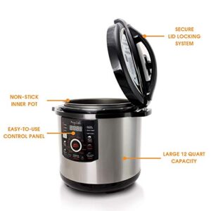 MegaChef 12 Quart Digital Pressure Cooker with 15 Preset Options and Glass Lid, Silver