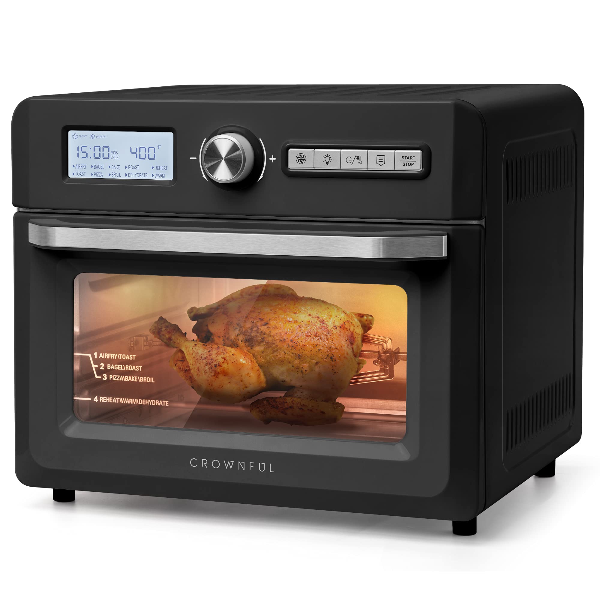 CROWNFUL 19 Quart Air Fryer Toaster Oven, Convection Roaster with Rotisserie & Dehydrator, 10-in-1 Countertop Oven, Original Recipe and 8 Accessories Included, UL Listed (Black)