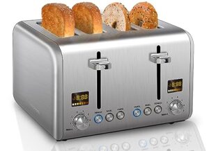 seedeem 4 slice toaster, stainless bread toaster color lcd display, 7 bread shade settings, 1.5'' wide slots toaster with bagel/defrost/reheat functions, removable crumb tray, silver metallic, 1800w