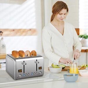 SEEDEEM 4 Slice Toaster, Stainless Bread Toaster Color LCD Display, 7 Bread Shade Settings, 1.5'' Wide Slots Toaster with Bagel/Defrost/Reheat Functions, Removable Crumb Tray, Silver Metallic, 1800W