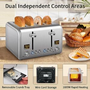 SEEDEEM 4 Slice Toaster, Stainless Bread Toaster Color LCD Display, 7 Bread Shade Settings, 1.5'' Wide Slots Toaster with Bagel/Defrost/Reheat Functions, Removable Crumb Tray, Silver Metallic, 1800W