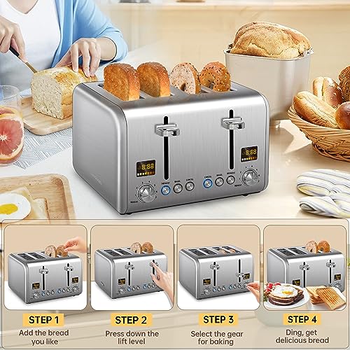 SEEDEEM 4 Slice Toaster, Stainless Bread Toaster Color LCD Display, 7 Bread Shade Settings, 1.5'' Wide Slots Toaster with Bagel/Defrost/Reheat Functions, Removable Crumb Tray, Silver Metallic, 1800W