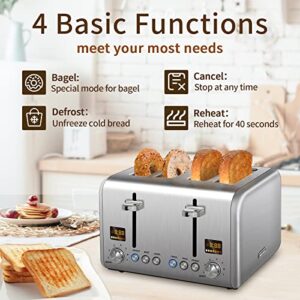 SEEDEEM 4 Slice Toaster, Stainless Bread Toaster Color LCD Display, 7 Bread Shade Settings, 1.5'' Wide Slots Toaster with Bagel/Defrost/Reheat Functions, Removable Crumb Tray, Silver Metallic, 1800W