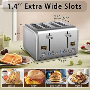 SEEDEEM 4 Slice Toaster, Stainless Bread Toaster Color LCD Display, 7 Bread Shade Settings, 1.5'' Wide Slots Toaster with Bagel/Defrost/Reheat Functions, Removable Crumb Tray, Silver Metallic, 1800W