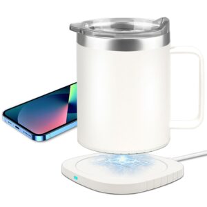 self heating coffee mug with double-layer 18/8 stainless steel,coffee mug warmer set,fast wireless charger includes,heated mug for coffee (white 12oz)