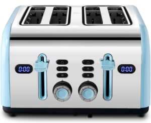 toaster 4 slice, redmond wide slots retro stainless steel toasters with led digital countdown timer display, dual independent control panel, reheat defrost cancel function, high lift lever, blue
