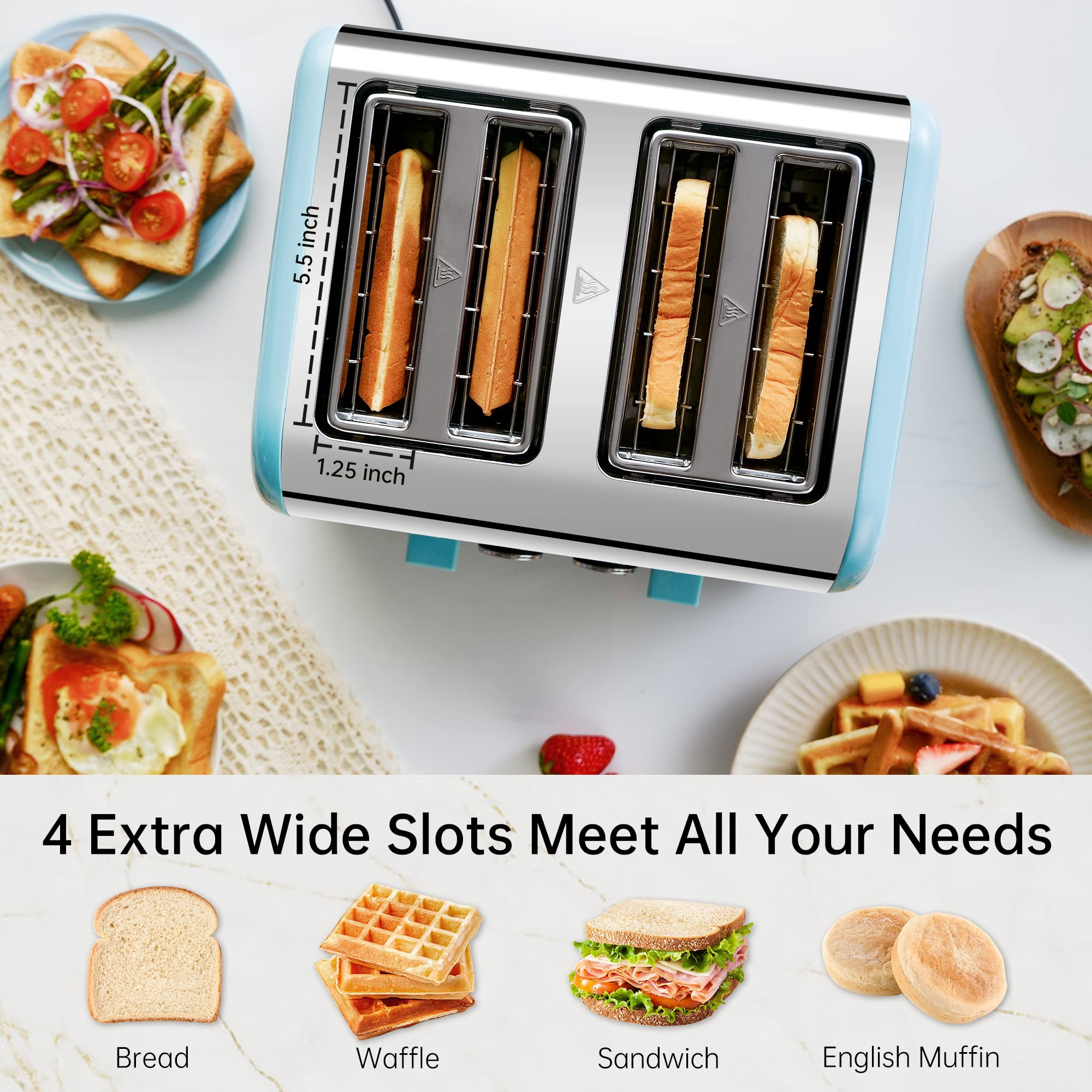 Toaster 4 Slice, REDMOND Wide Slots Retro Stainless Steel Toasters with LED Digital Countdown Timer Display, Dual Independent Control Panel, Reheat Defrost Cancel Function, High Lift Lever, Blue