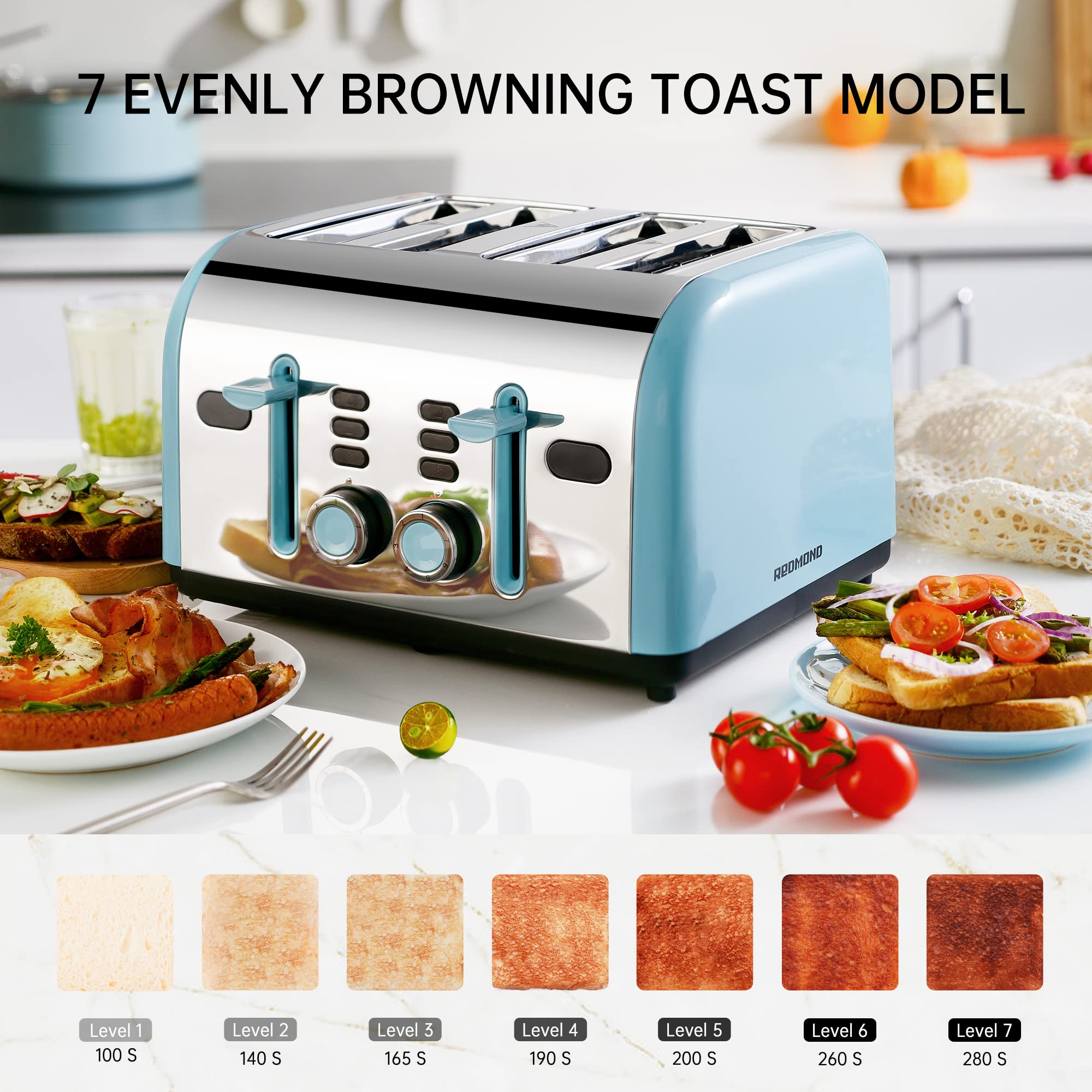 Toaster 4 Slice, REDMOND Wide Slots Retro Stainless Steel Toasters with LED Digital Countdown Timer Display, Dual Independent Control Panel, Reheat Defrost Cancel Function, High Lift Lever, Blue