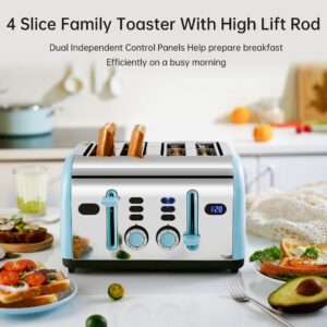 Toaster 4 Slice, REDMOND Wide Slots Retro Stainless Steel Toasters with LED Digital Countdown Timer Display, Dual Independent Control Panel, Reheat Defrost Cancel Function, High Lift Lever, Blue