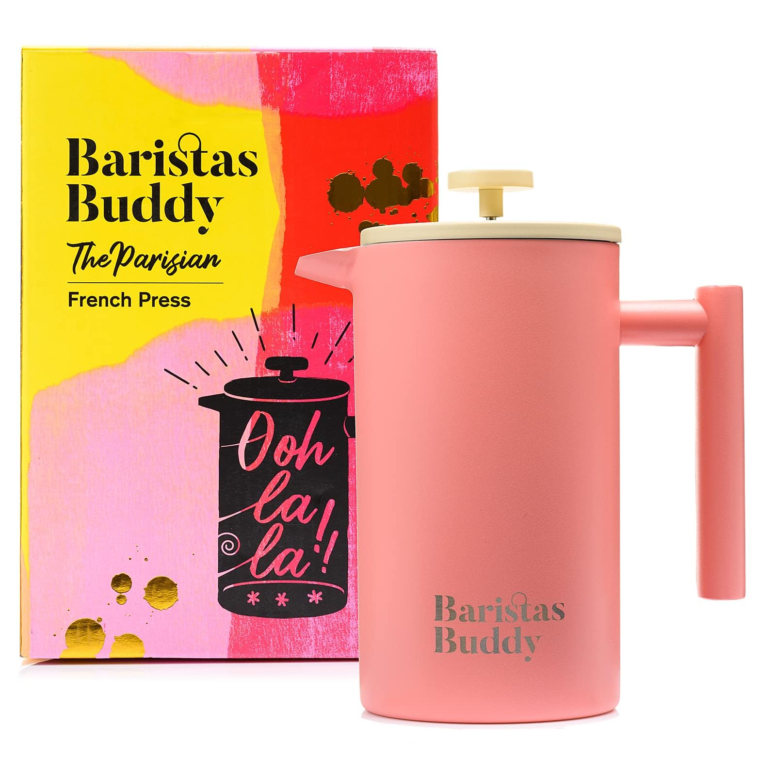 BaristasBuddy Cute Pink French Press Coffee Maker - Colorful, Retro And Stylish Insulated Coffee Brewer - Large Size Brews 4 Cups