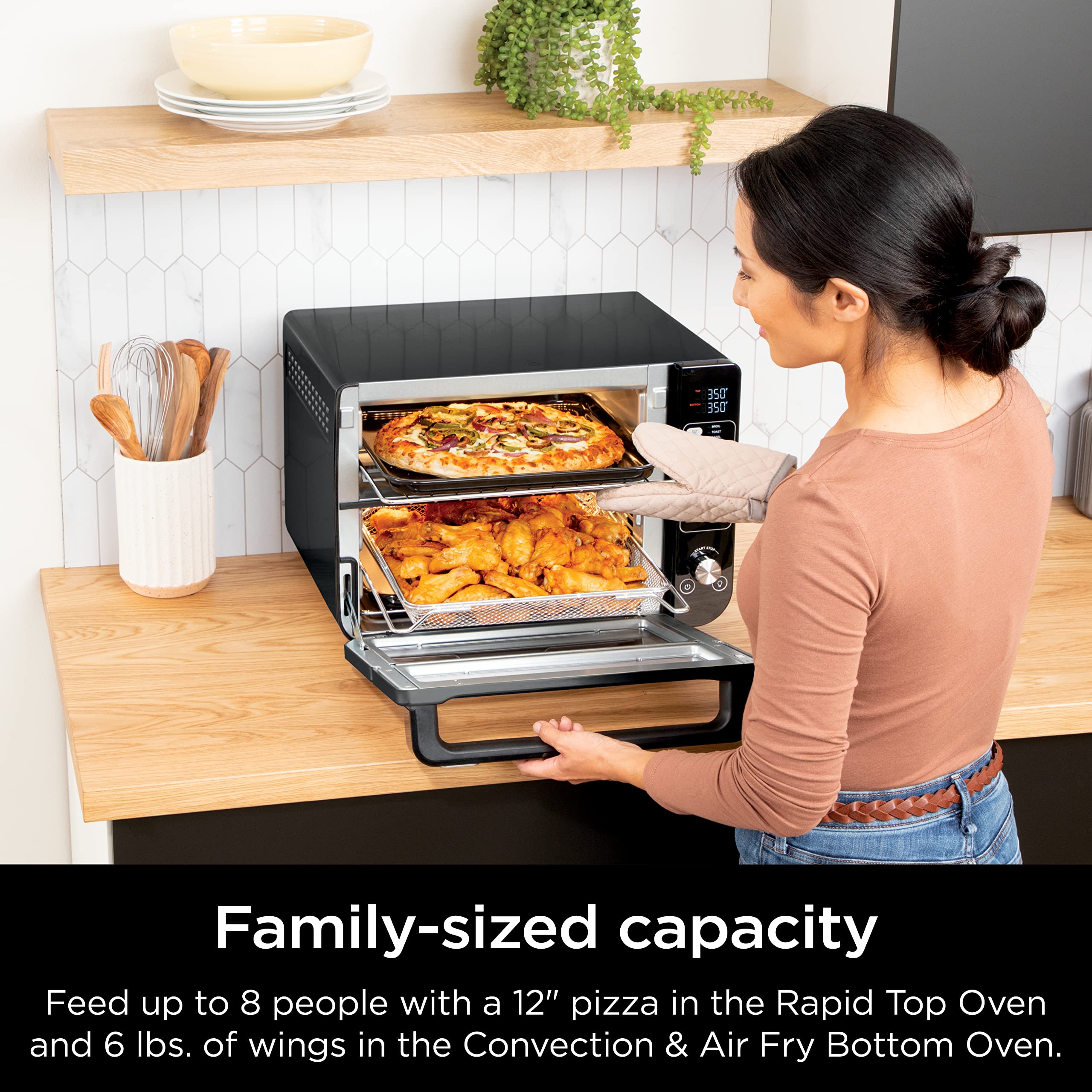 Ninja DCT402BK 13-in-1 Double Oven with FlexDoor, FlavorSeal & Smart Finish, Rapid Top Oven, Convection and Air Fry Bottom Bake, Roast, Toast, Fry, Pizza More, Black