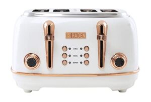 haden heritage stainless steel bread toaster - 4-slice wide slot toaster with button settings, removable crumb tray with bagel and defrost settings - ivory and copper