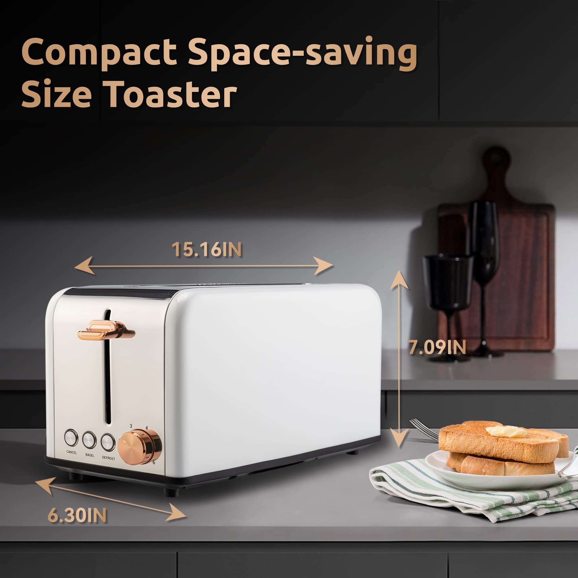 Pukomc Toaster 4 Slice with Wide Slots, 2 Long Slot Toaster for Bagels Waffles and Toast, 6 Browning Levels, Stainless Steel, Removable Tray, Cancel/Bagel/Defrost Functions, WT-8500 White (1500W)